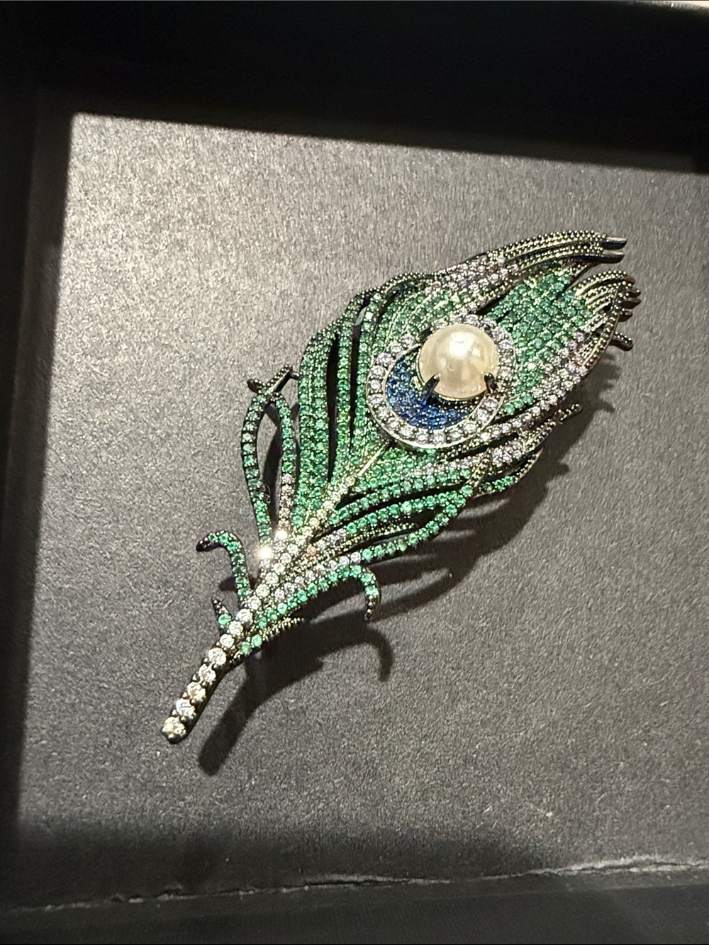 Peacock Feather Crystal Brooch with Pearl Accent - Green/Blue